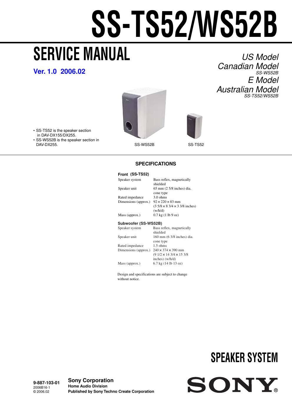 sony ss ws 52 b service manual