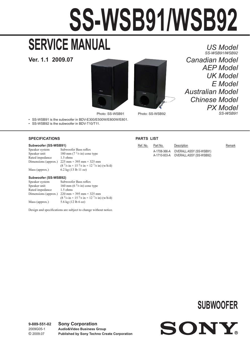 sony ss wsb 91 service manual