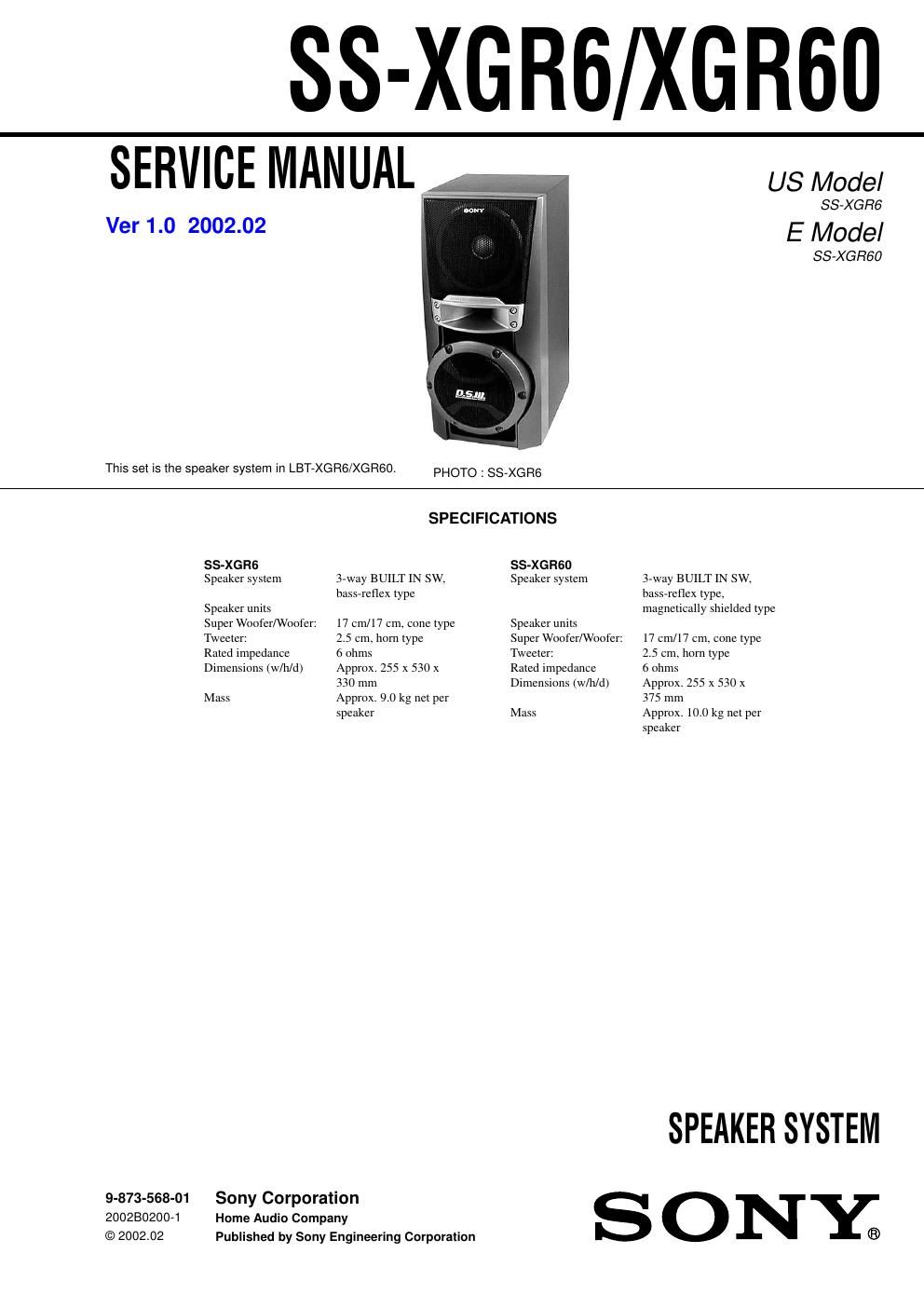 sony ss xgr 6 service manual