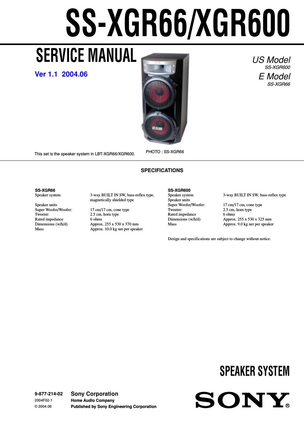 sony ss xgr 600 service manual