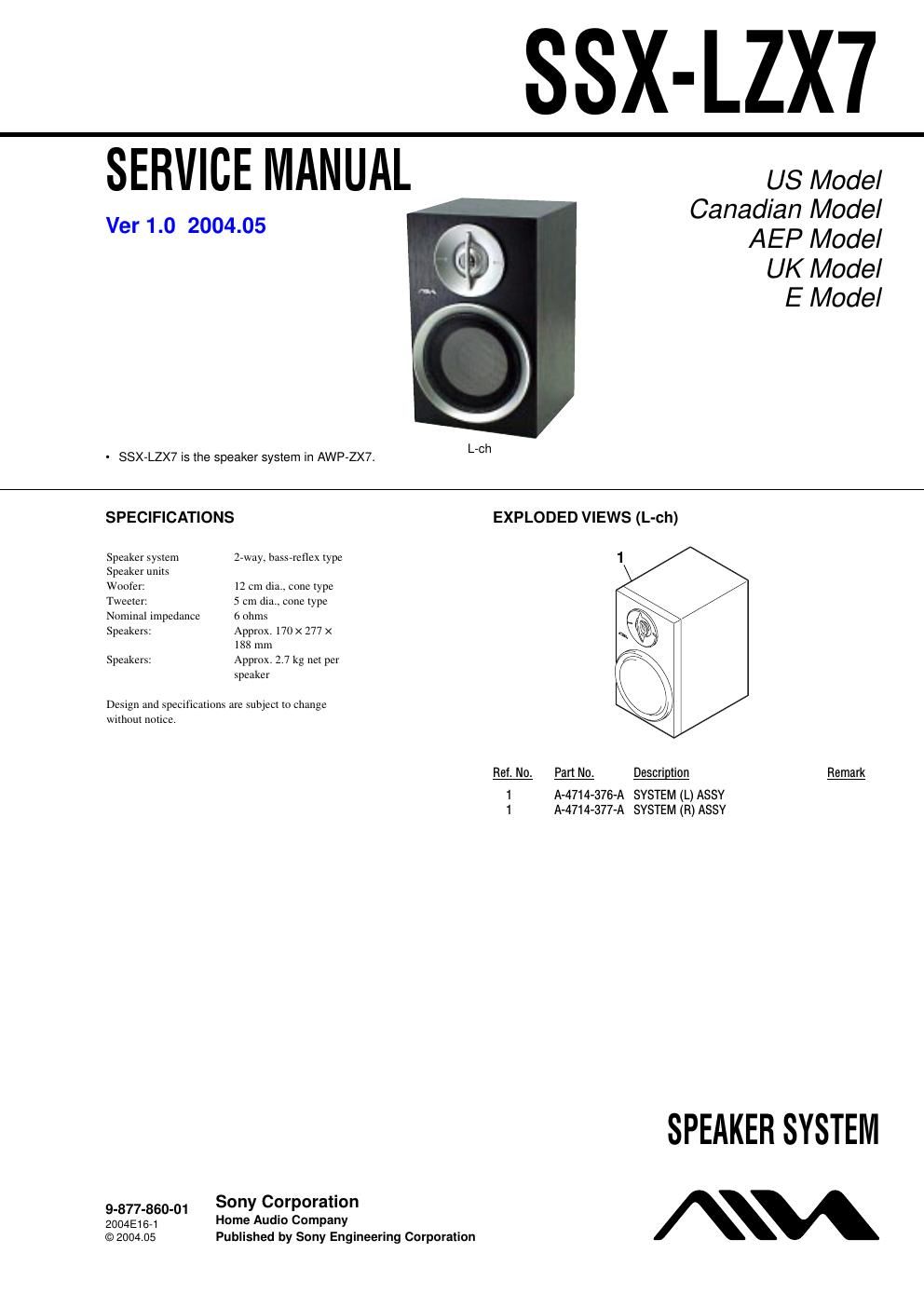 sony ss xlzx 7 service manual