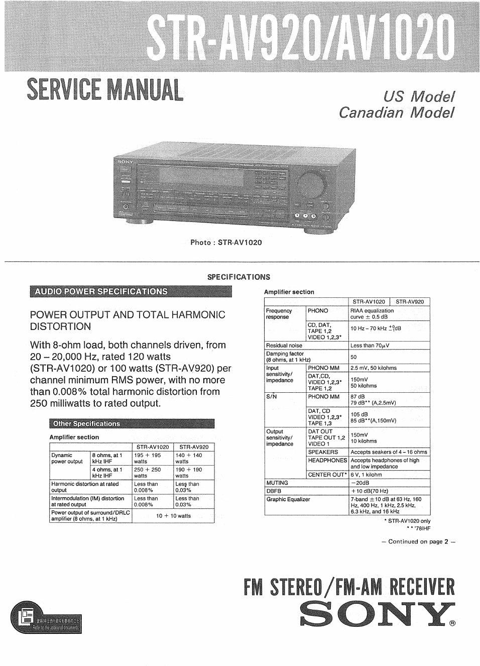 sony str av 920 avr service manual