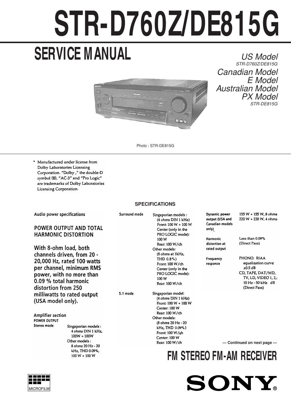 sony str d 760 z service manual