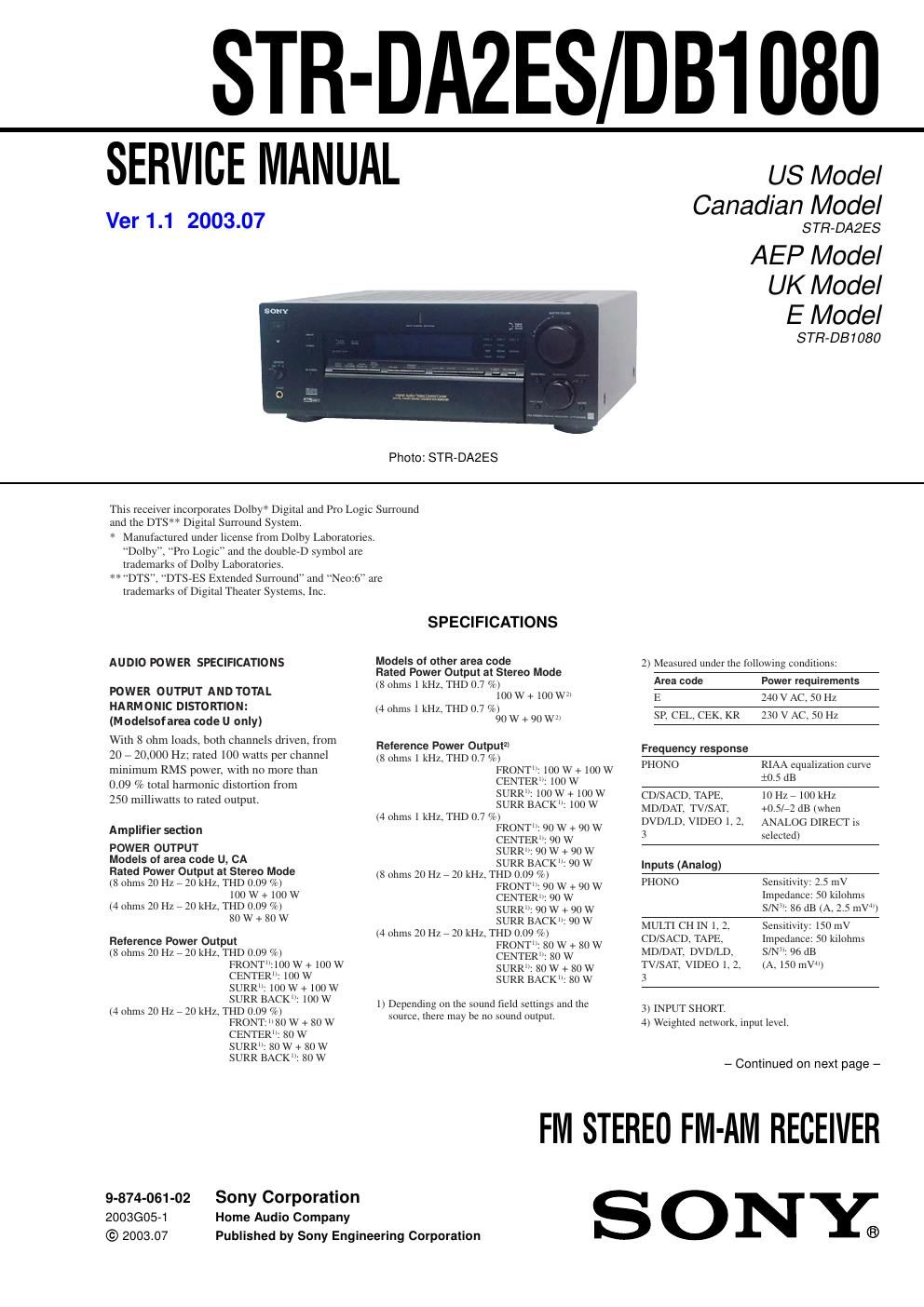 sony str da 2 es service manual