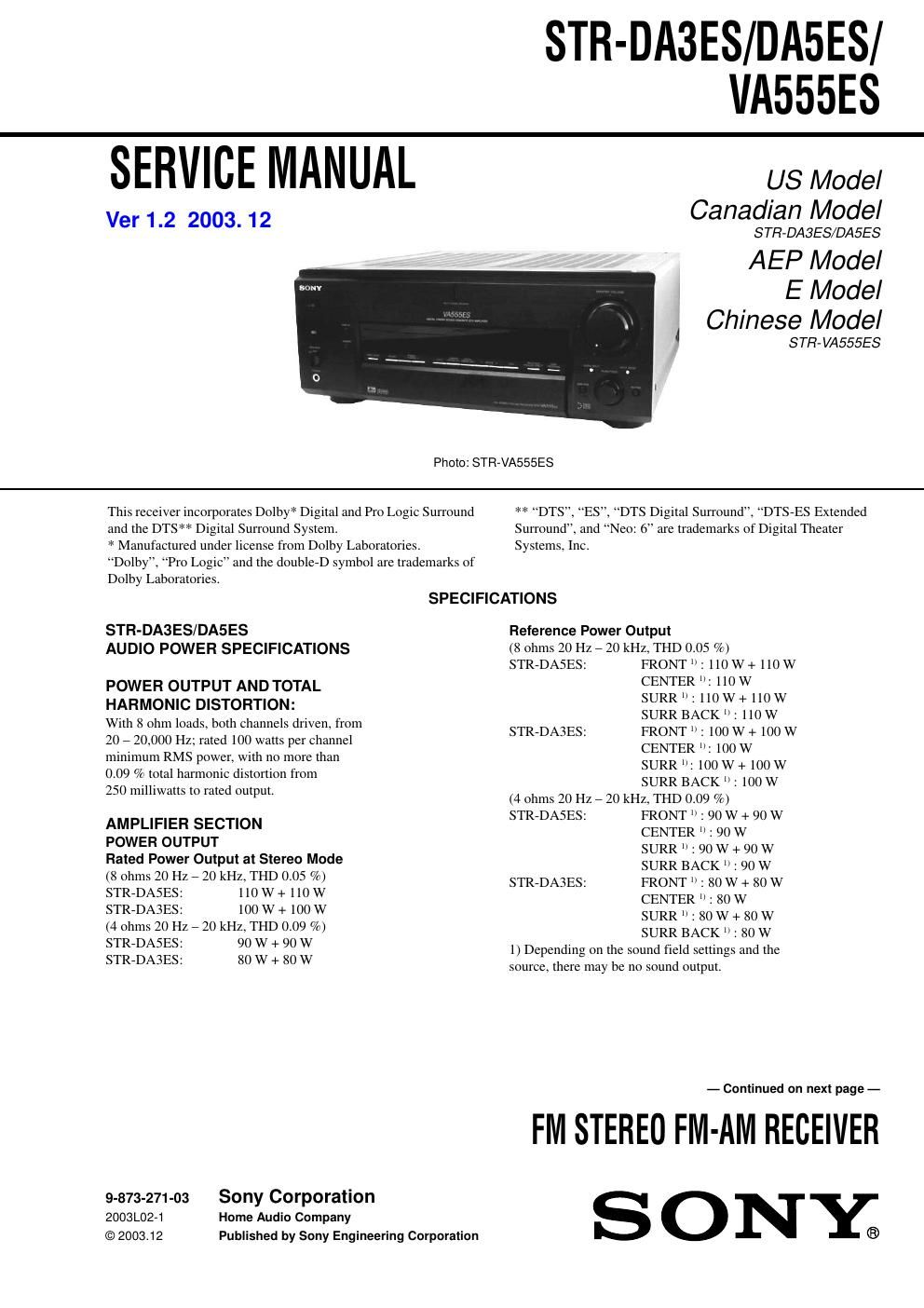 sony str da 3 es service manual