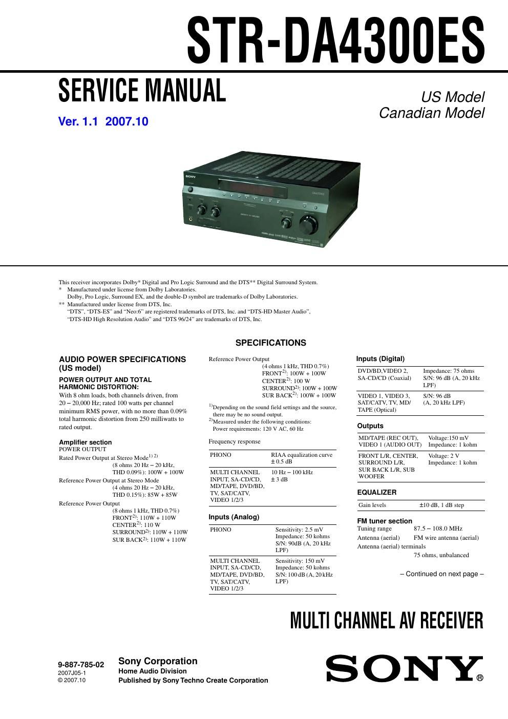 sony str da 4300 es service manual