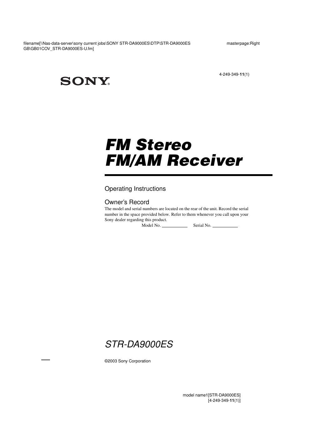 sony str da 9000 es owners manual