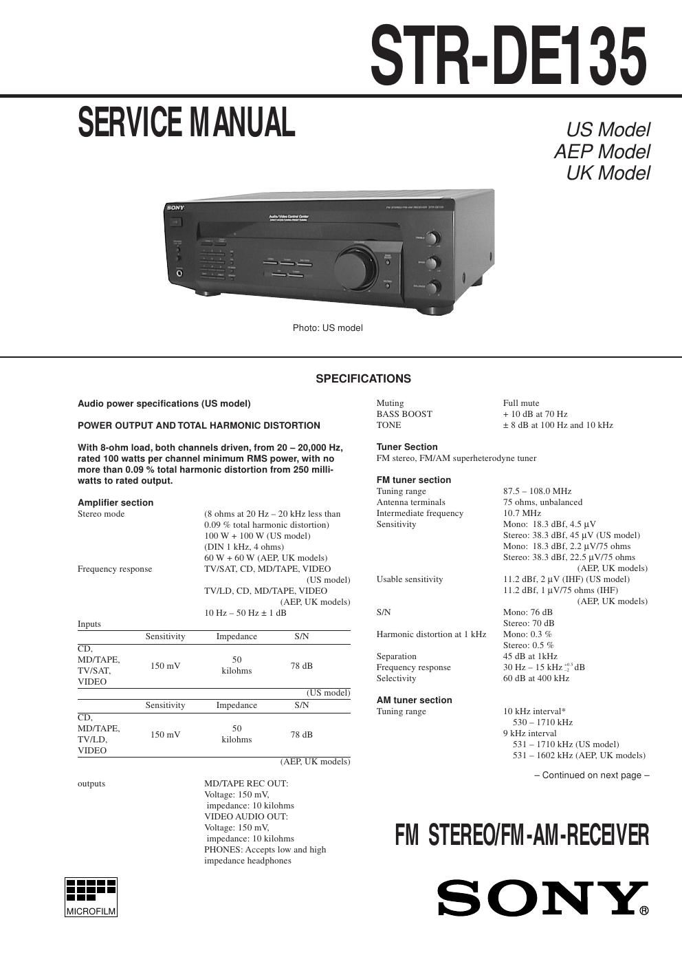 sony str de 135 rec service manual