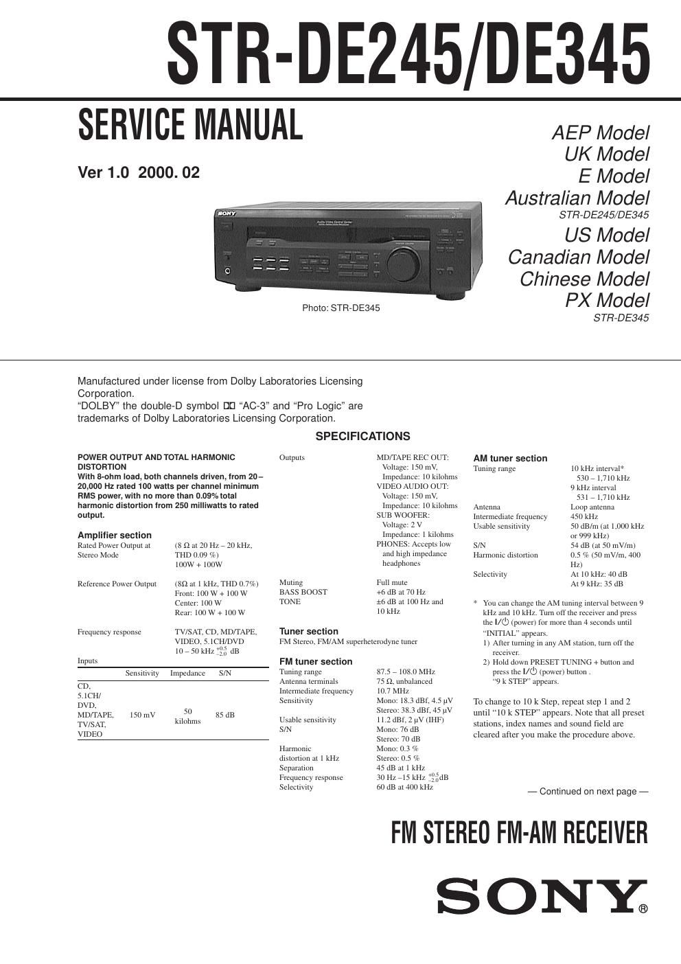 sony str de 245 service manual