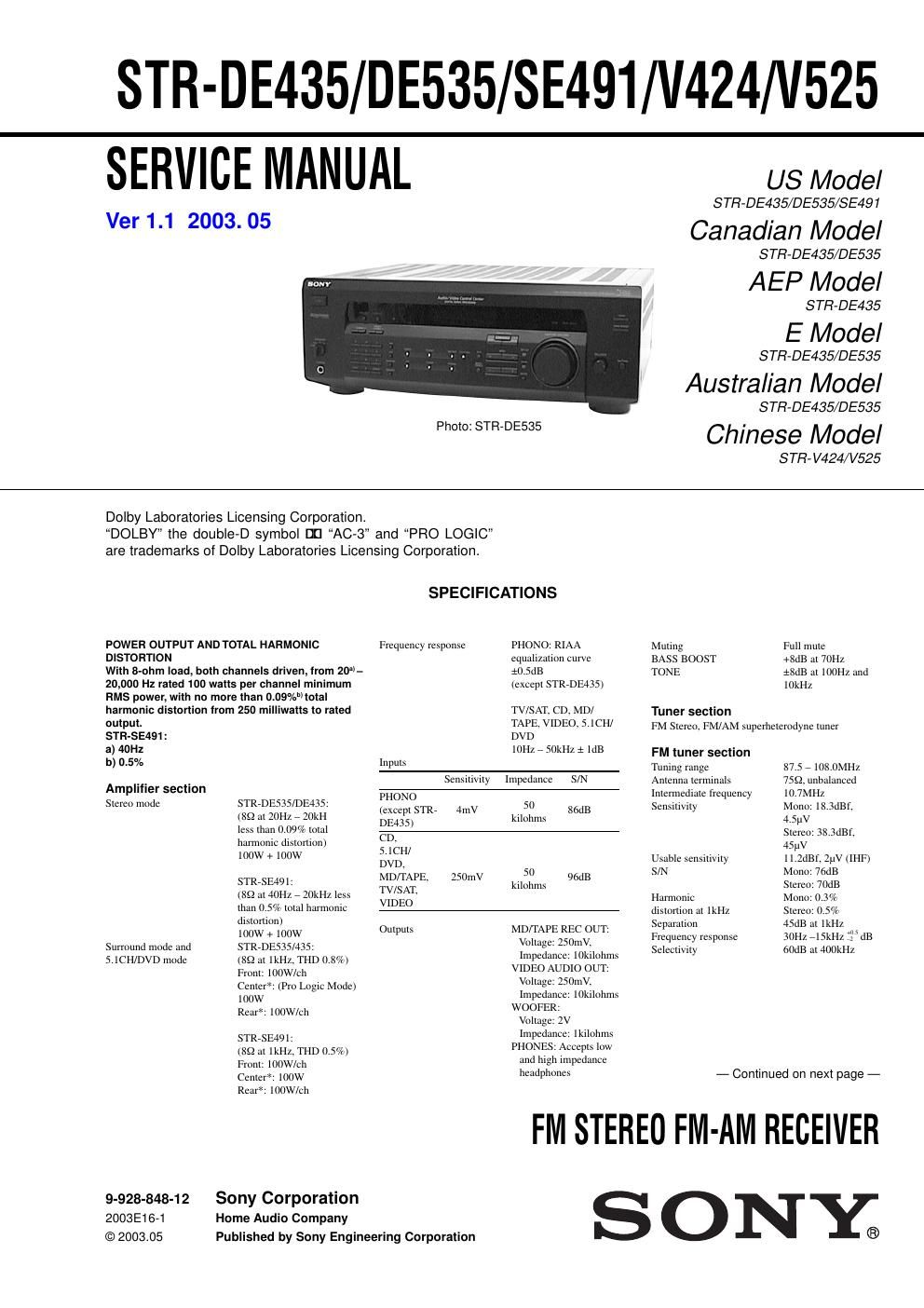 sony str de 435 rec service manual