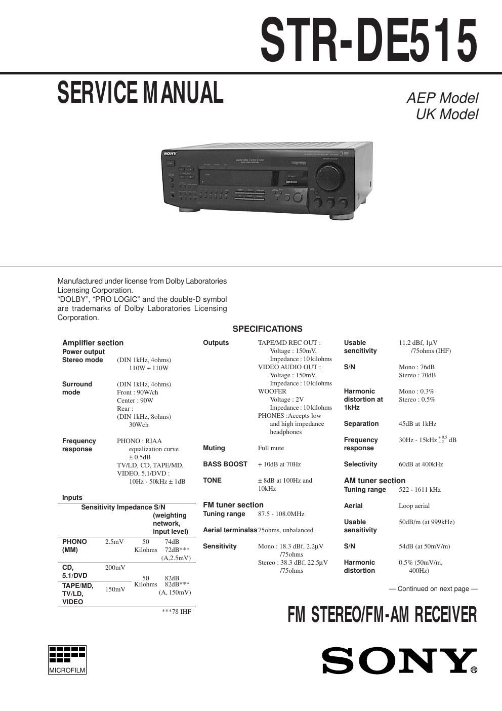 sony str de 515 service manual