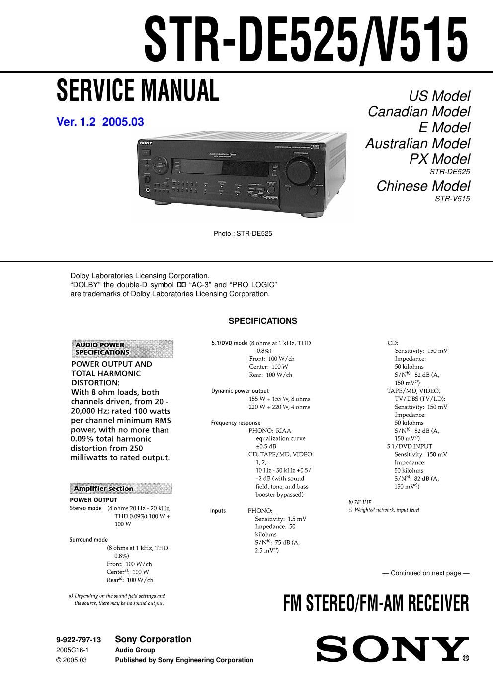 sony str de 525 service manual