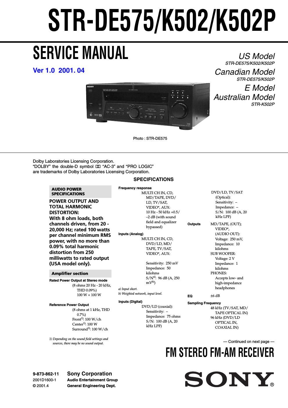 sony str de 575 rec service manual