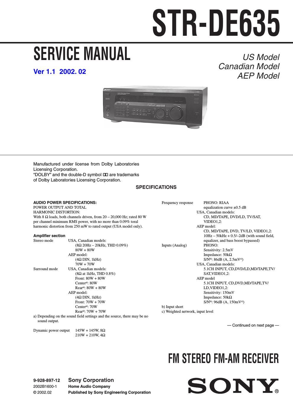 sony str de 635 rec service manual