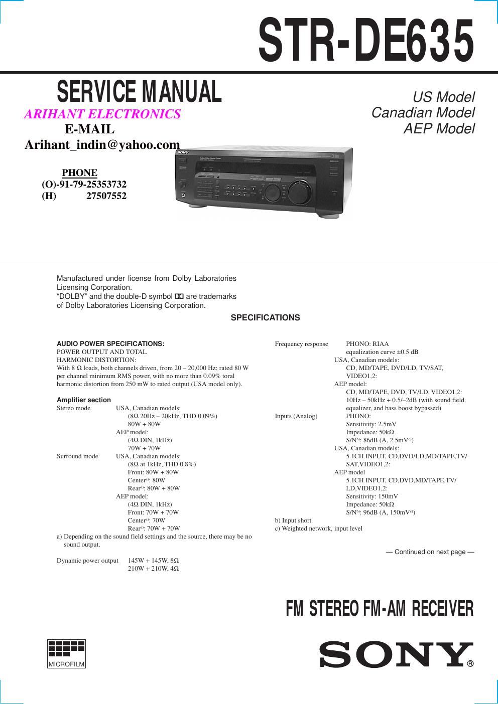 sony str de 635 service manual