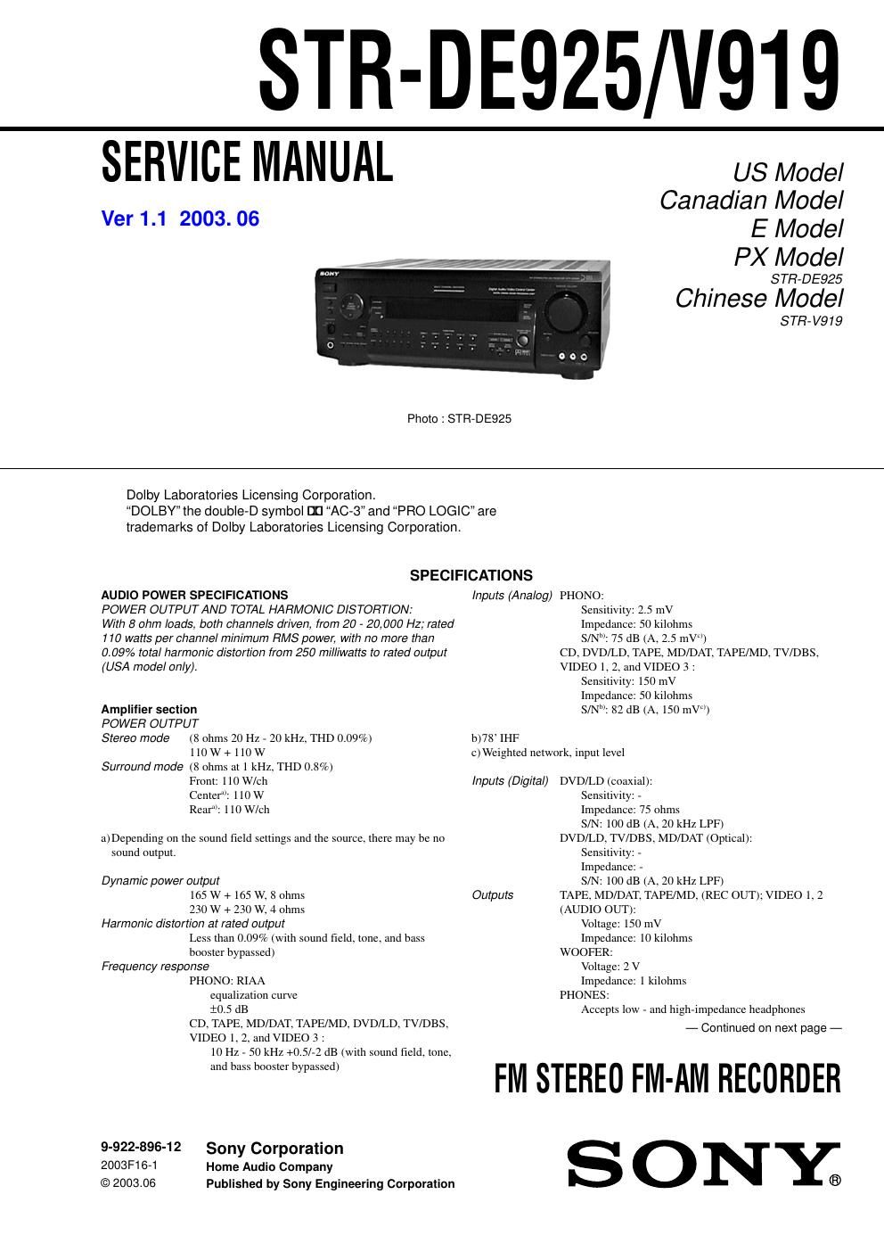 sony str de 925 service manual