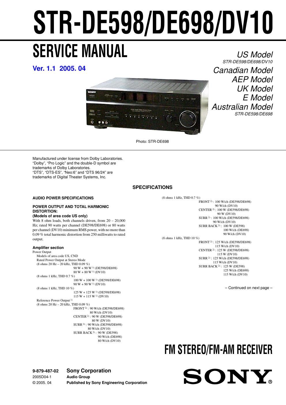 sony str dv 10 service manual