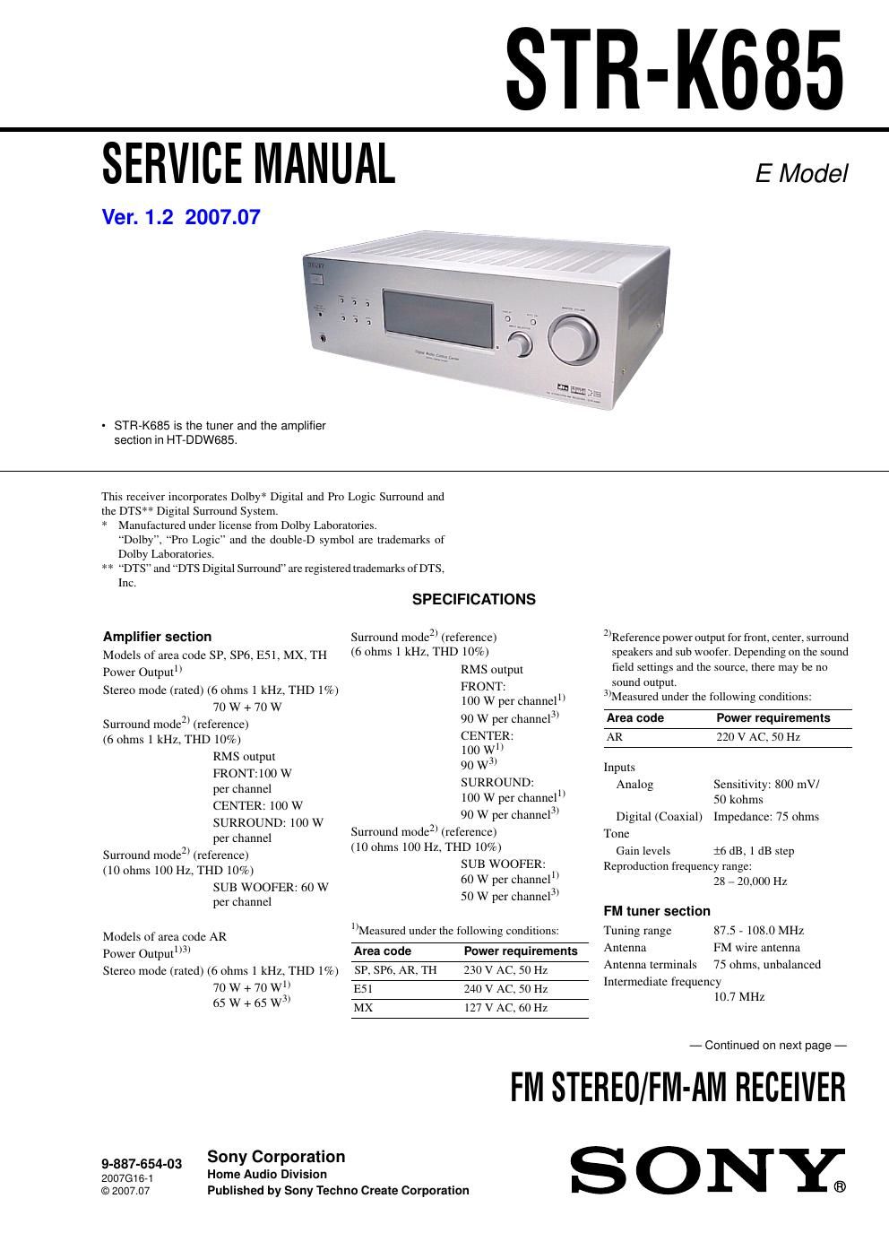 sony str k 685 service manual