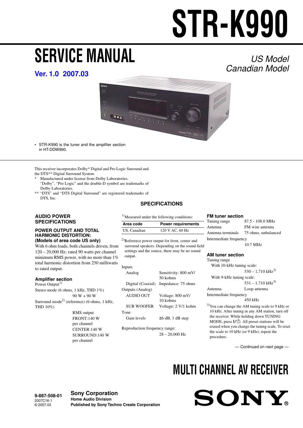 sony str k 990 service manual