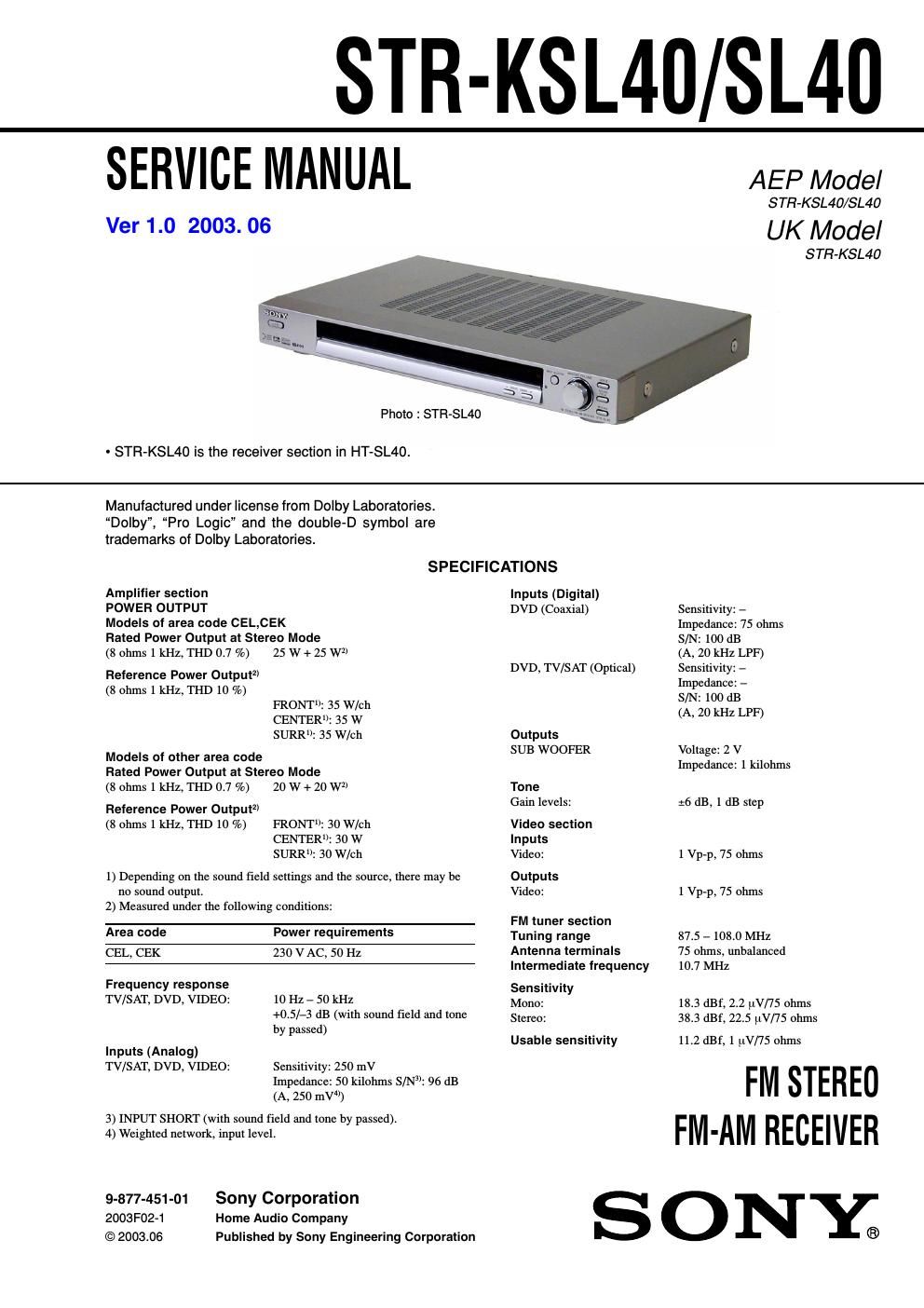 sony str ksl 40 service manual