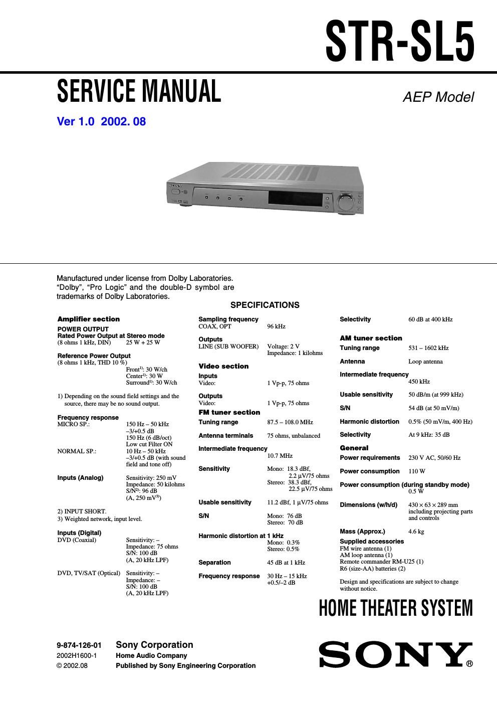 sony str sl 5 service manual