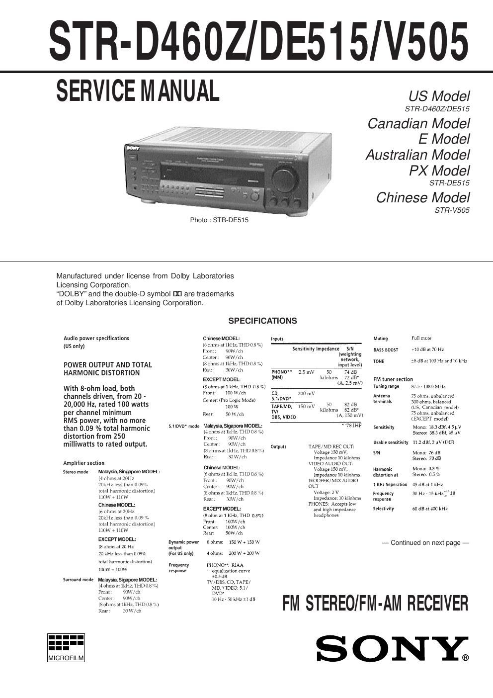 sony str v 505 rec service manual