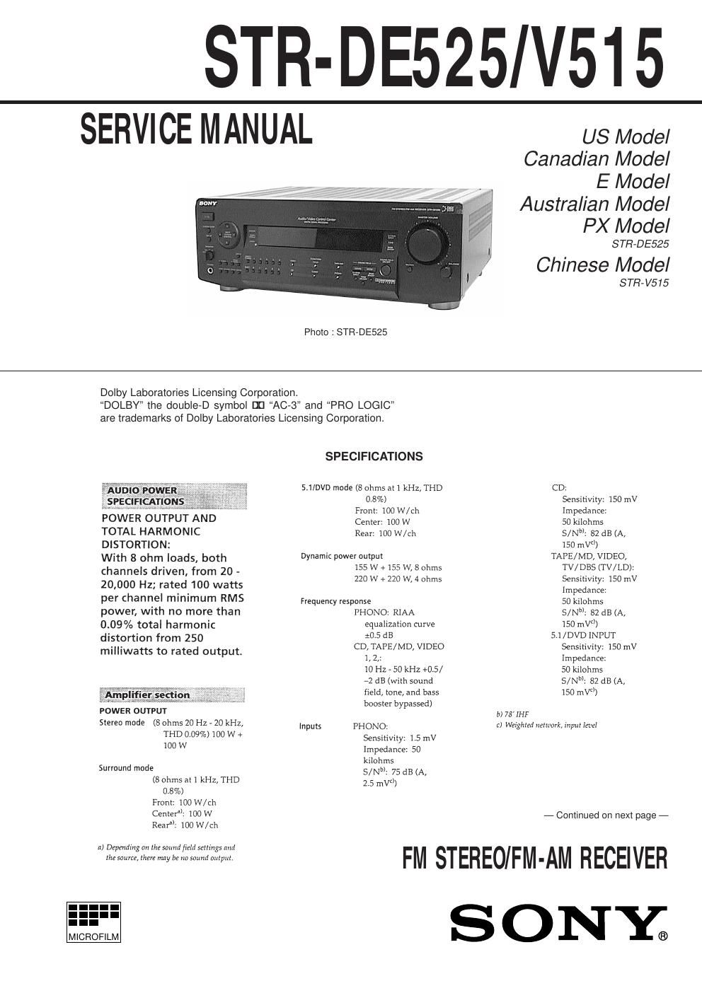 sony str v 515 rec service manual