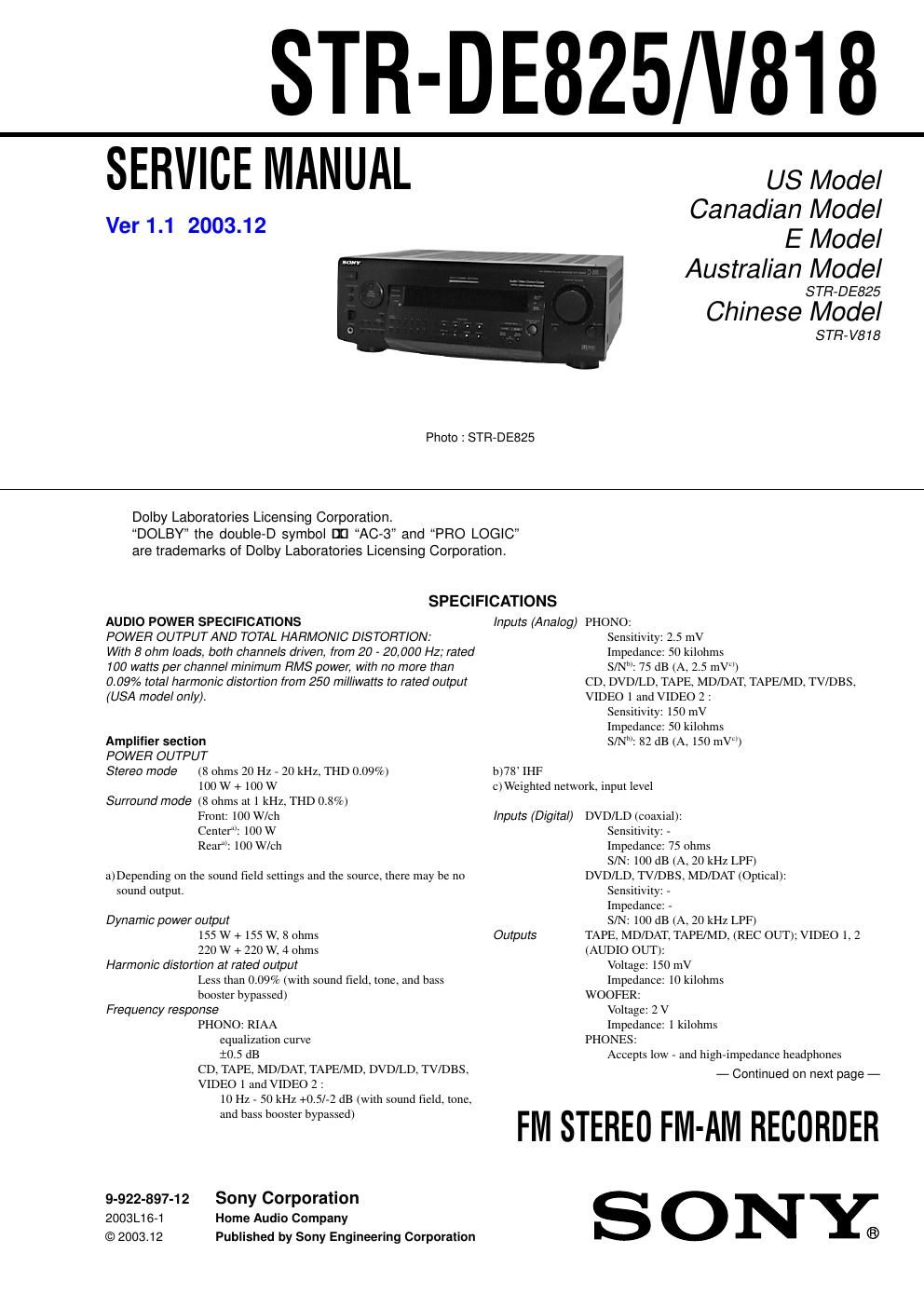 sony str v 818 service manual