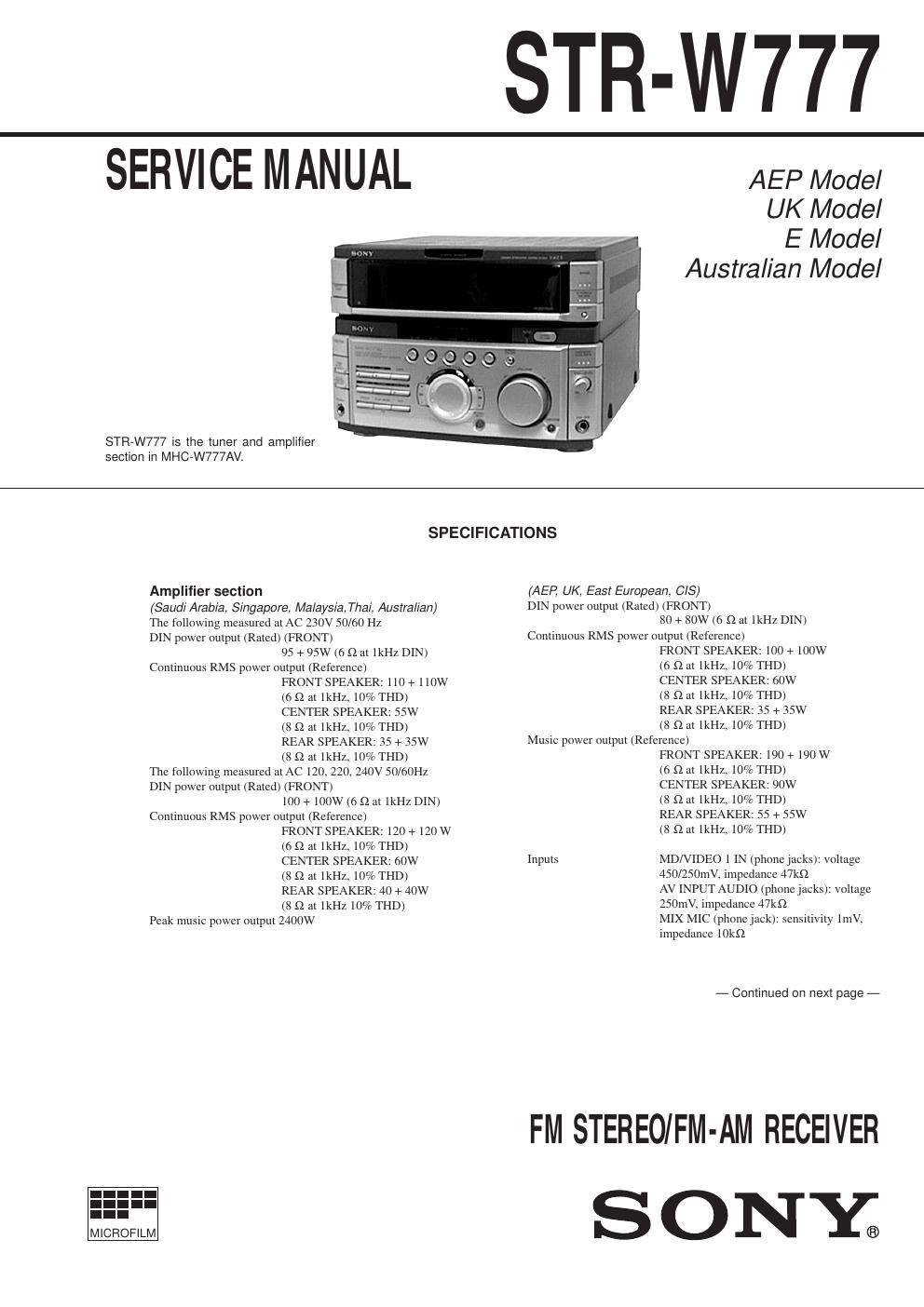 sony str w 777 service manual