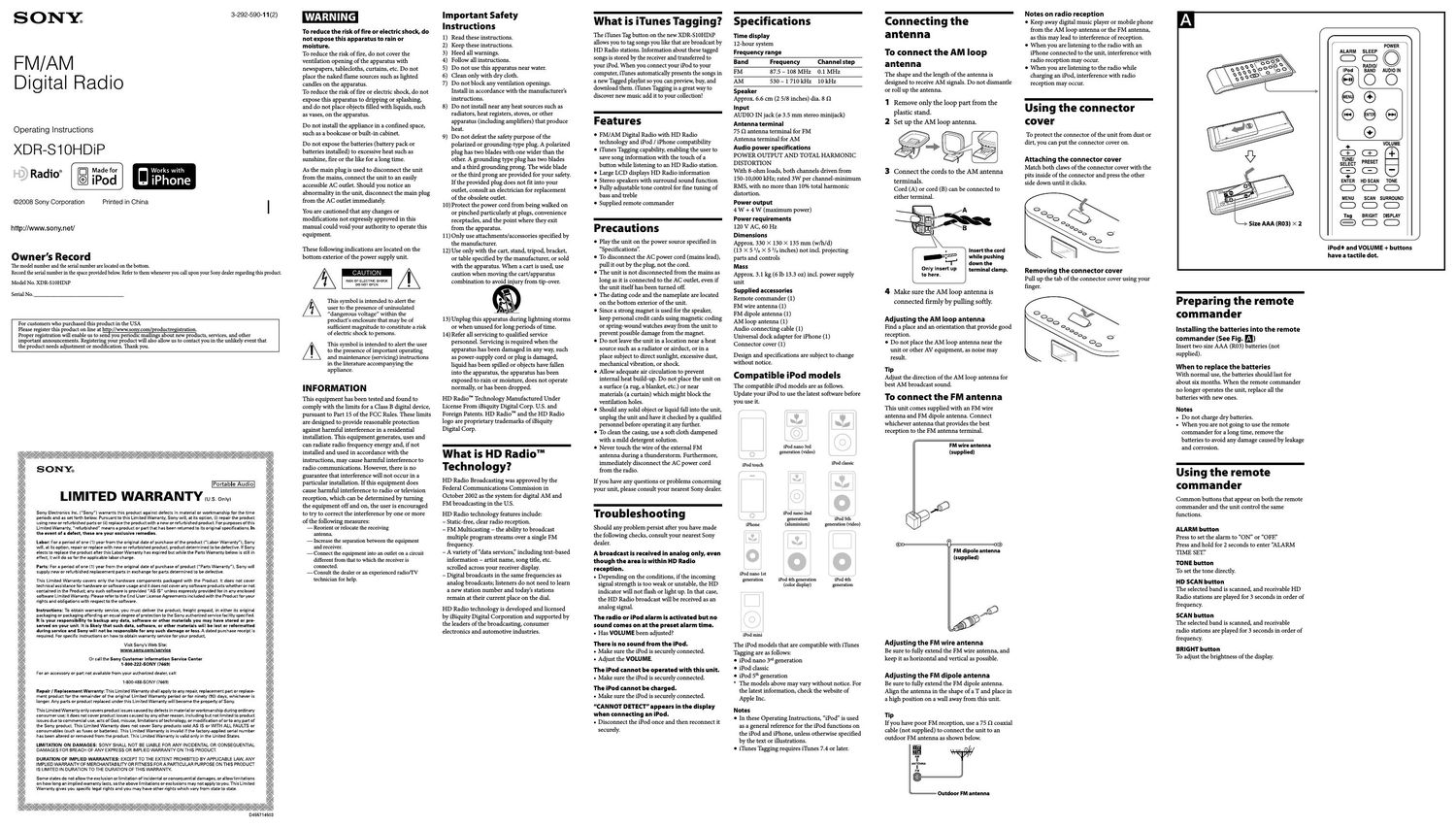 sony xdr s 10 hdip owners manual