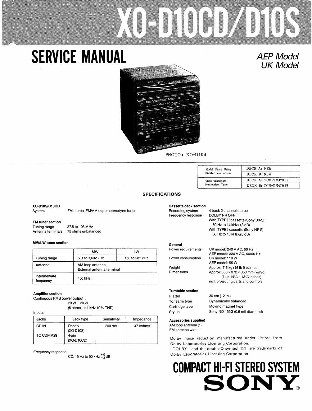 sony xo d 10 cd service manual