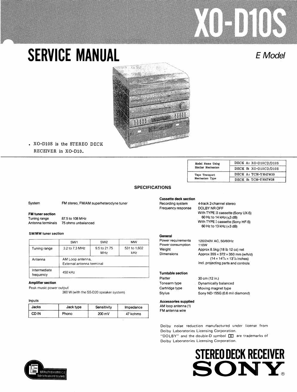 sony xo d 10 s service manual