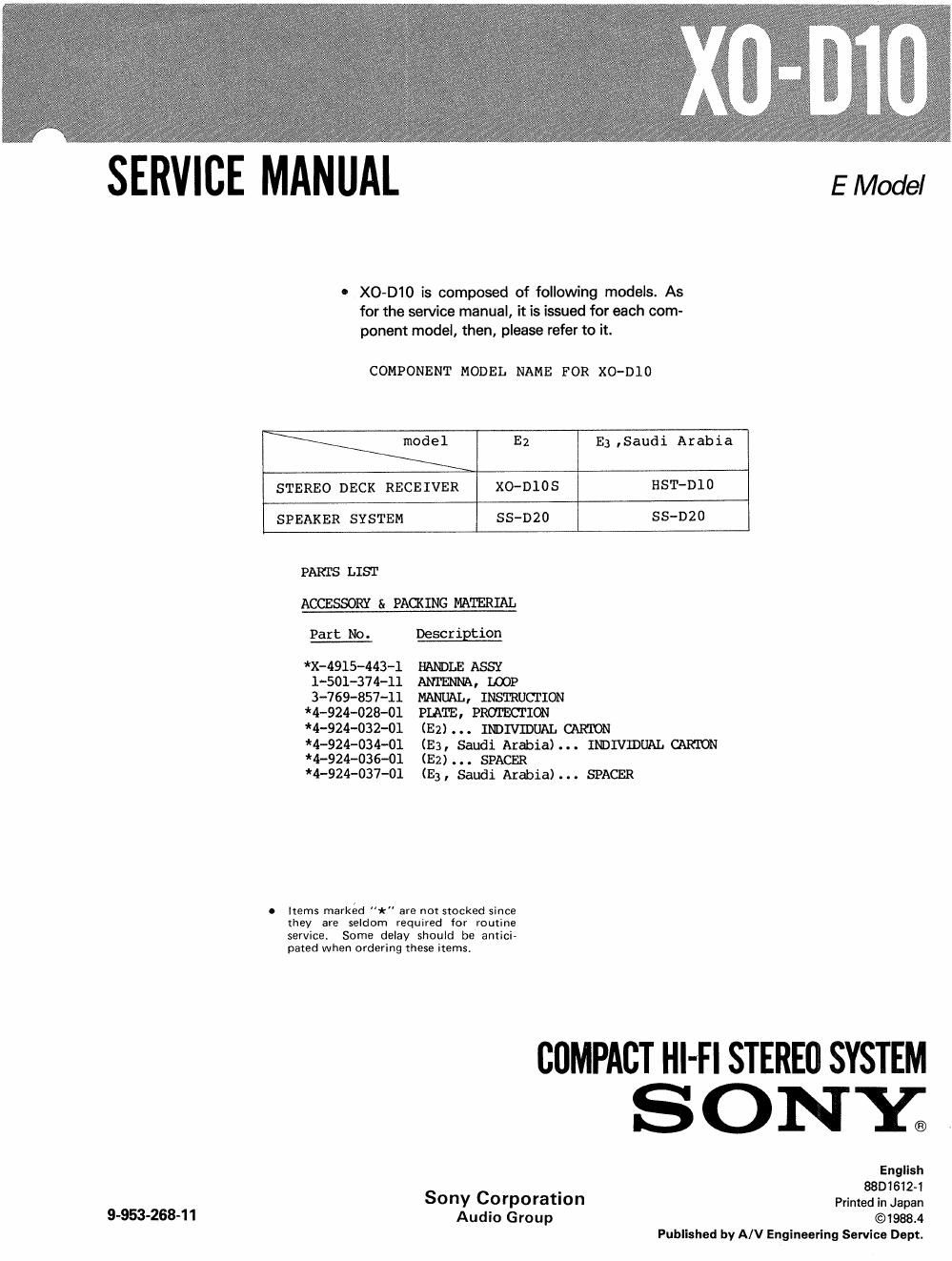 sony xo d 10 service manual