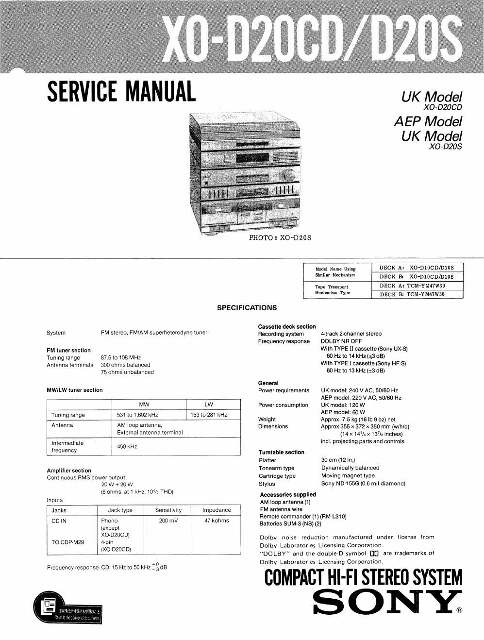 sony xo d 20 cd service manual