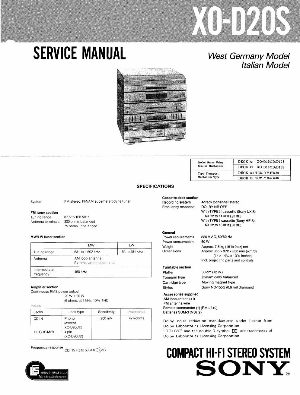 sony xo d 20 s service manual