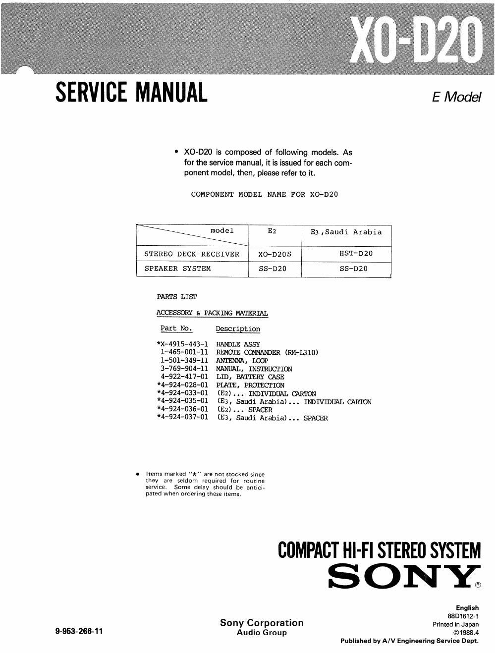 sony xo d 20 service manual