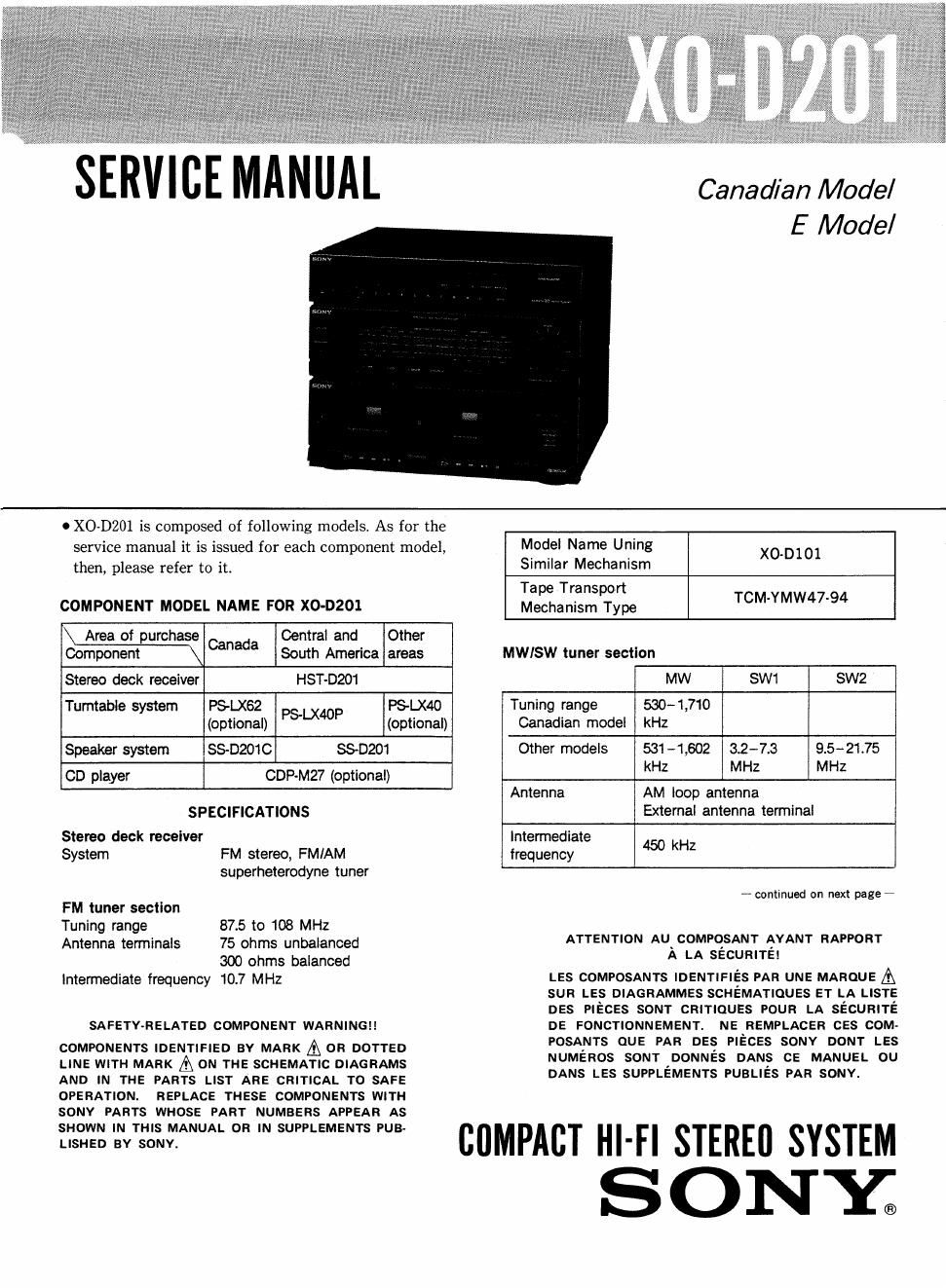 sony xo d 201 service manual