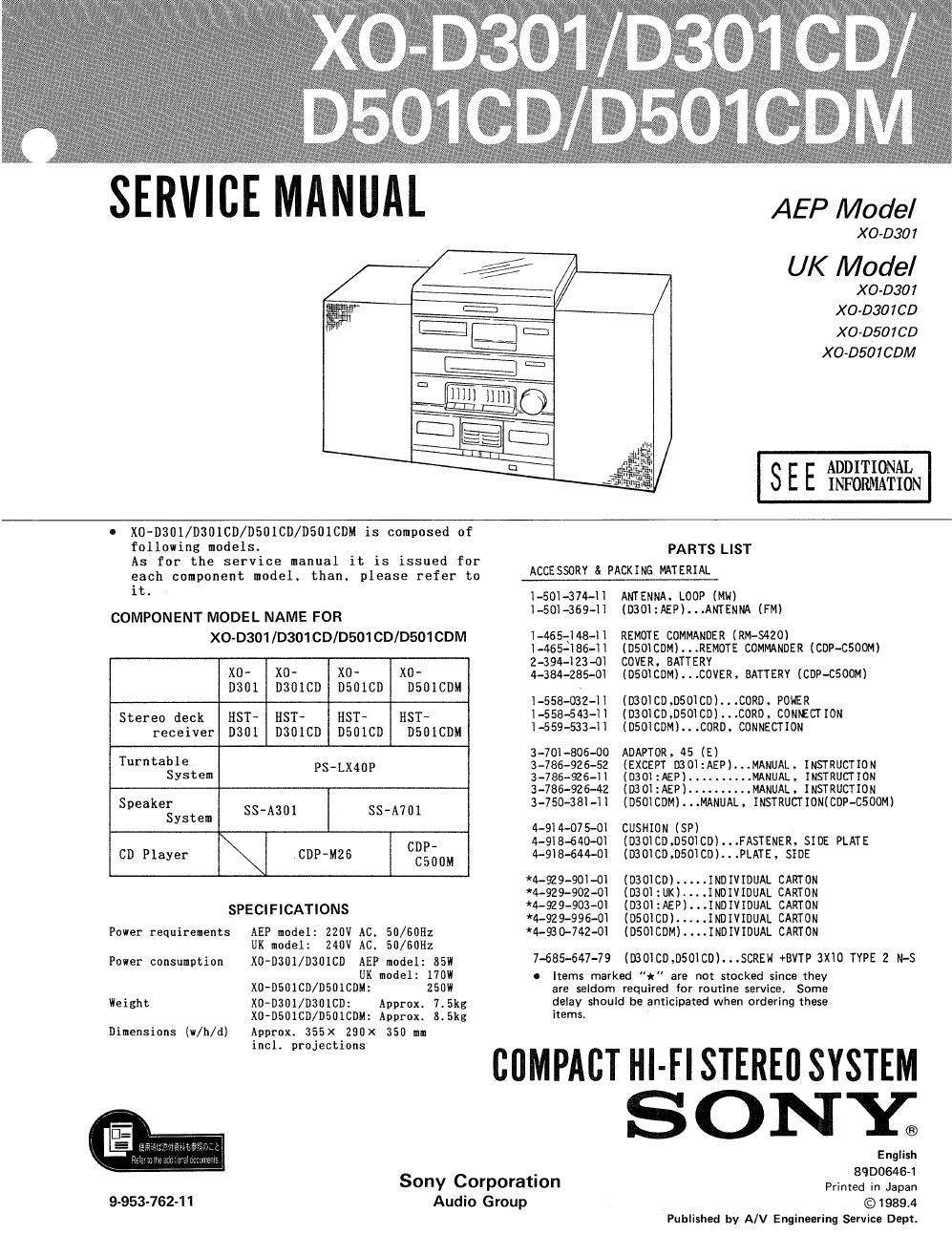 sony xo d 301 cd service manual