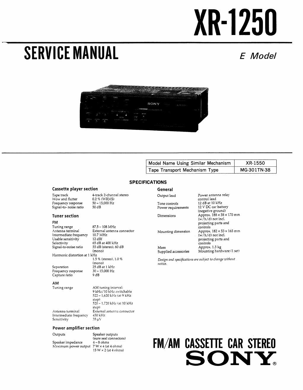 sony xr 1250 service manual