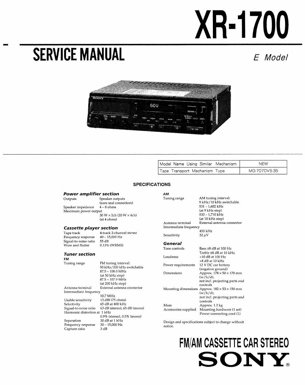 sony xr 1700 service manual