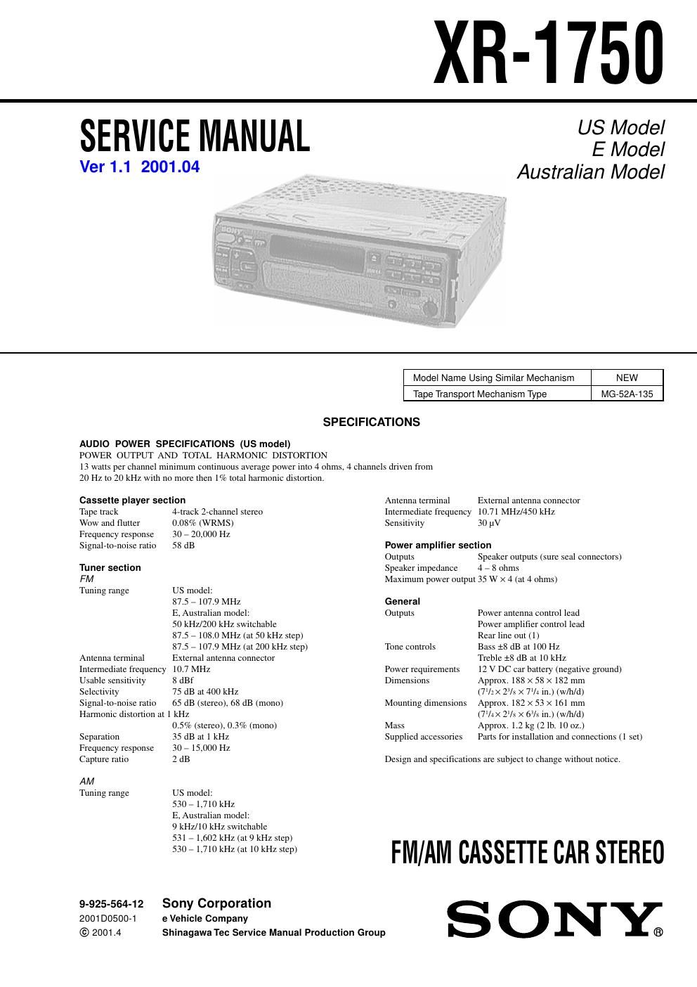 sony xr 1750 service manual