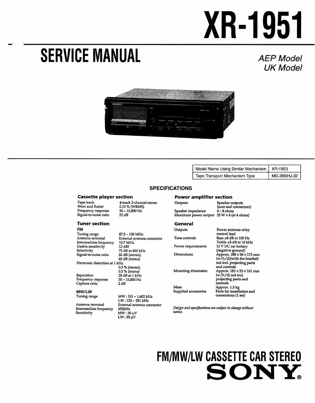 sony xr 1951 service manual