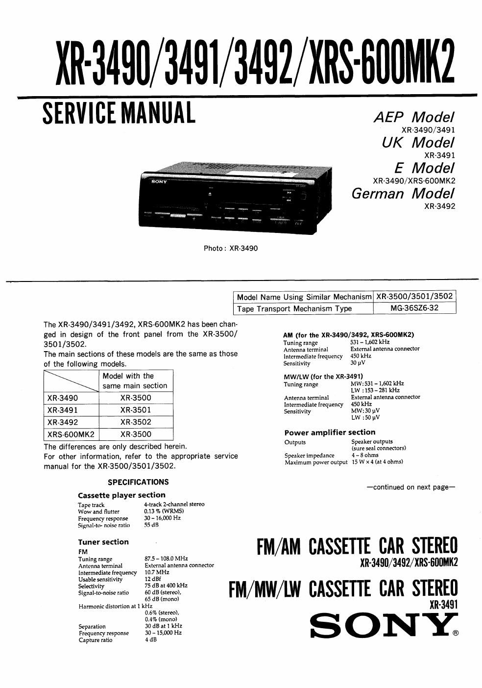 sony xr 3490 service manual