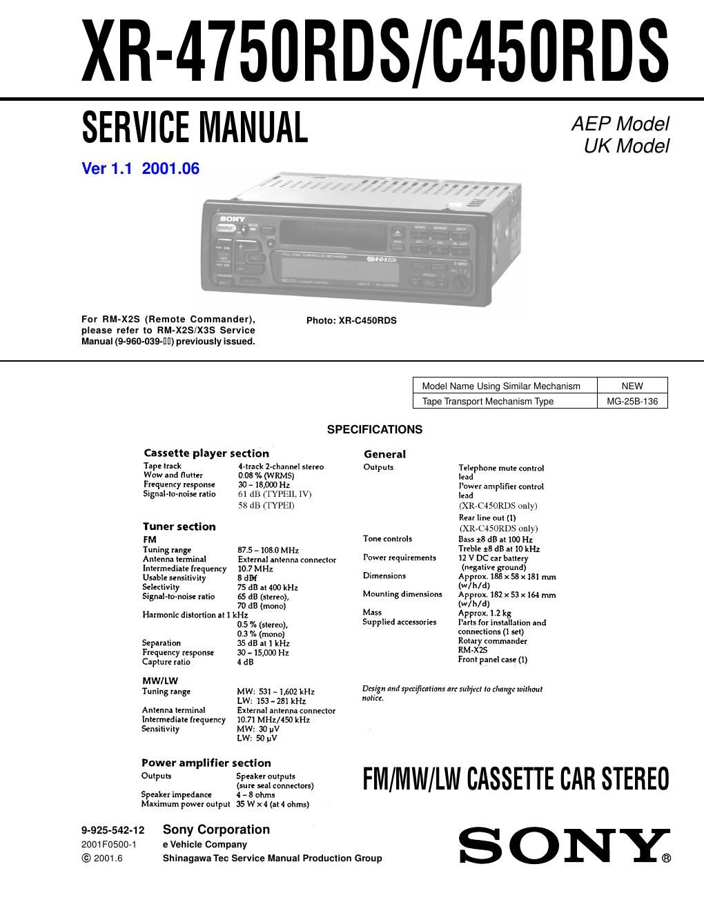 sony xr 4750 rds service manual