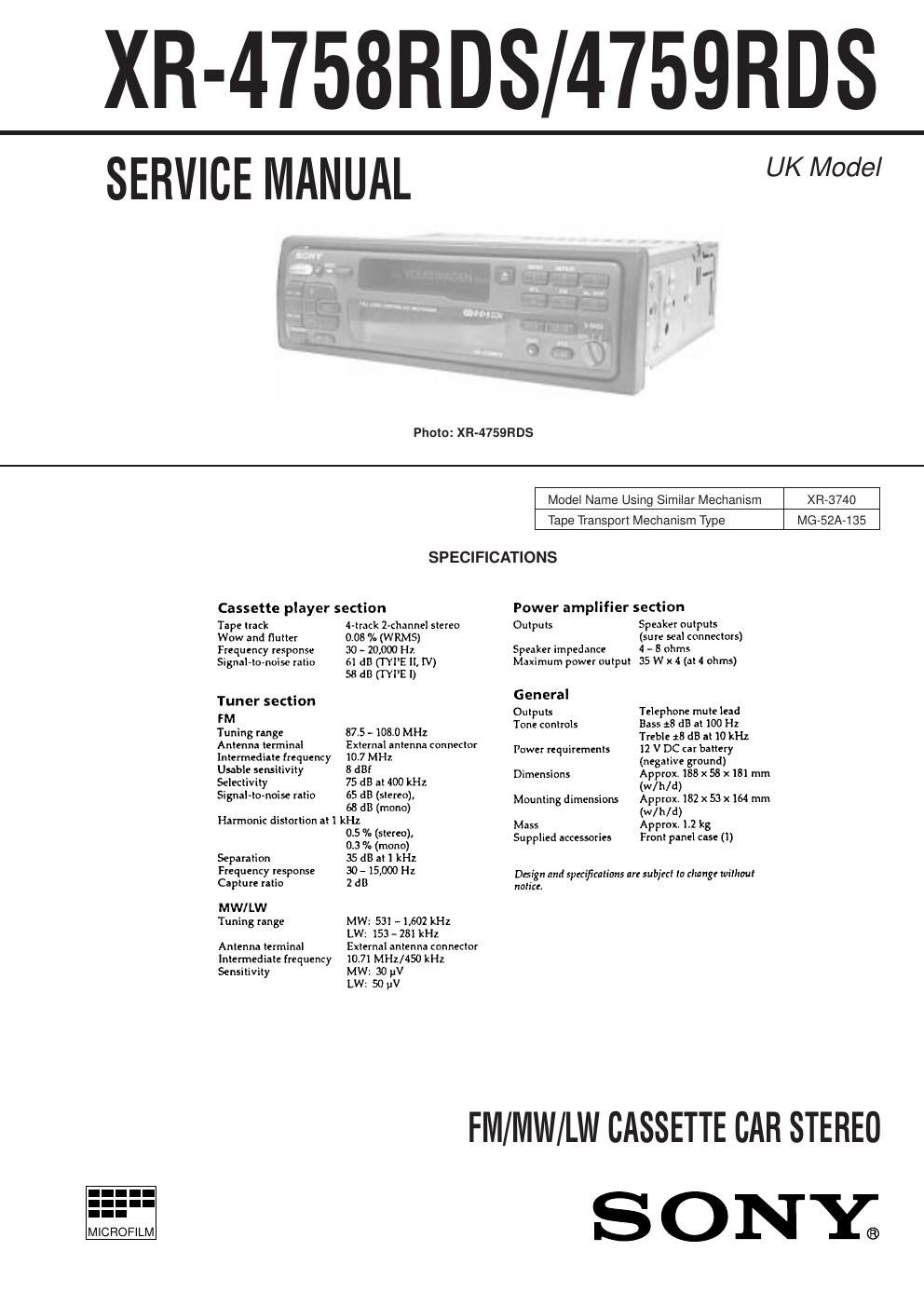 sony xr 4758 rds service manual