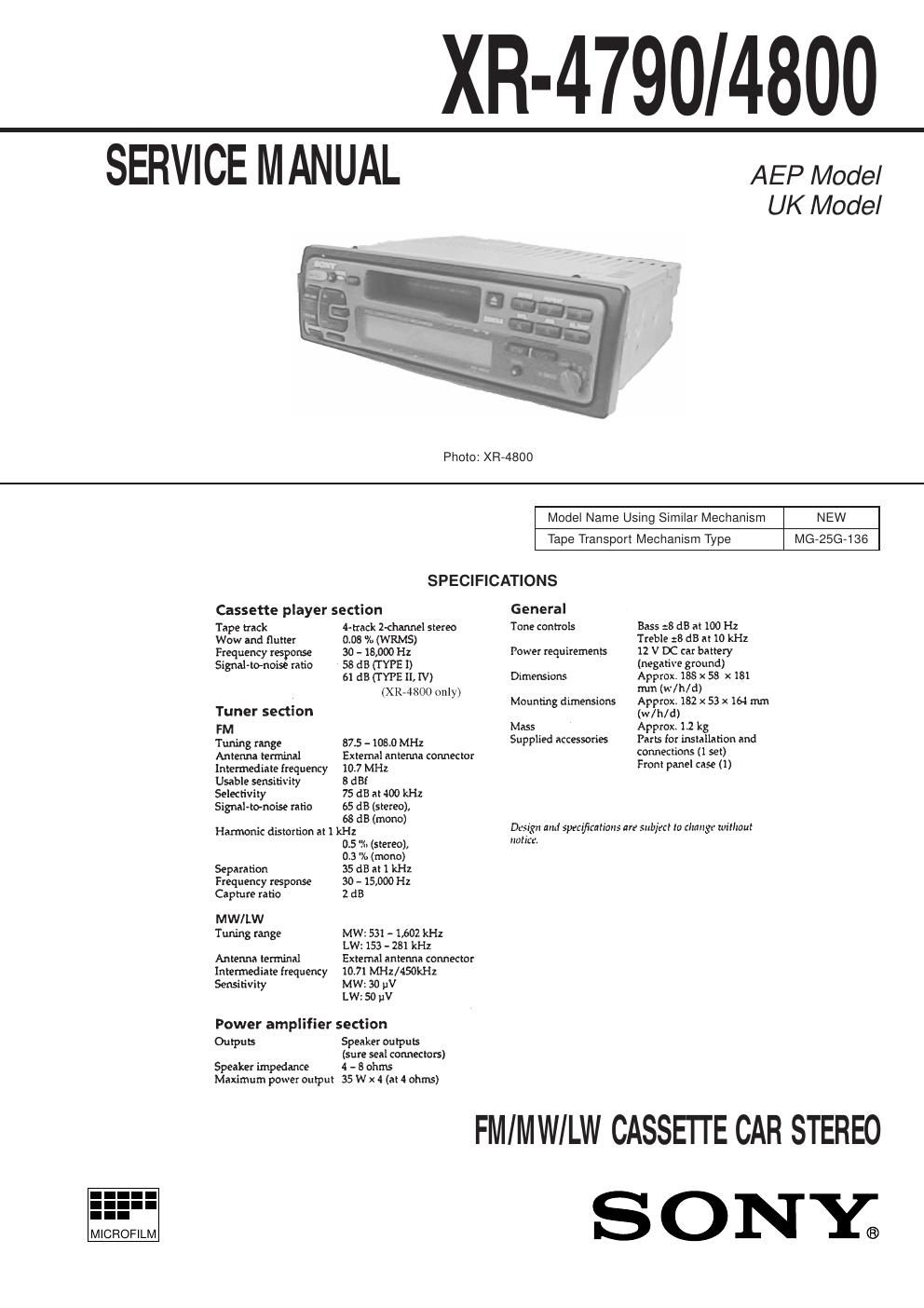 sony xr 4790 service manual