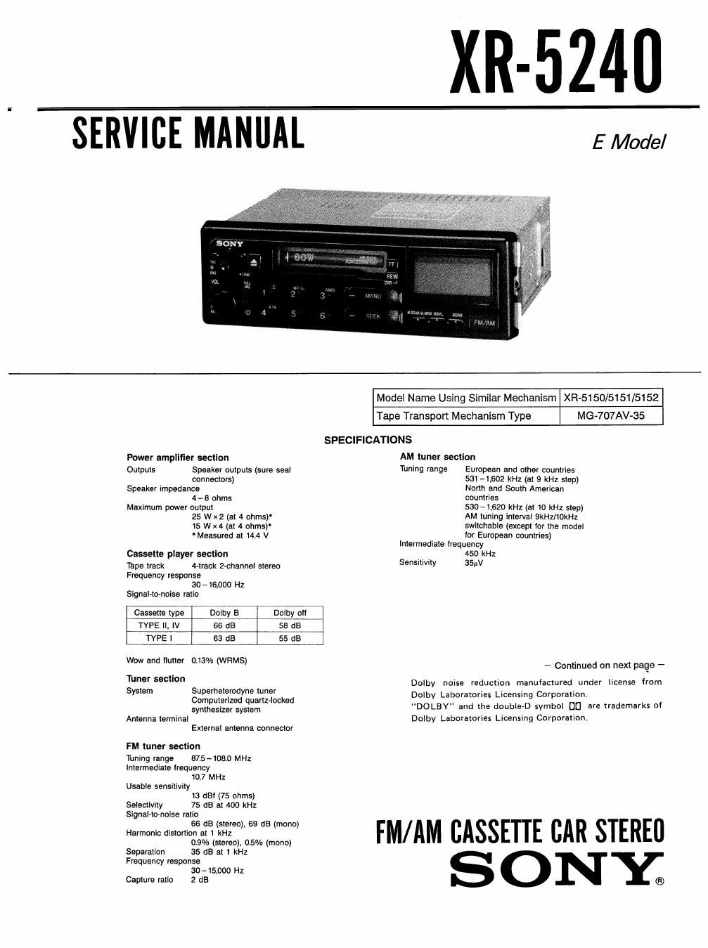 sony xr 5240 service manual