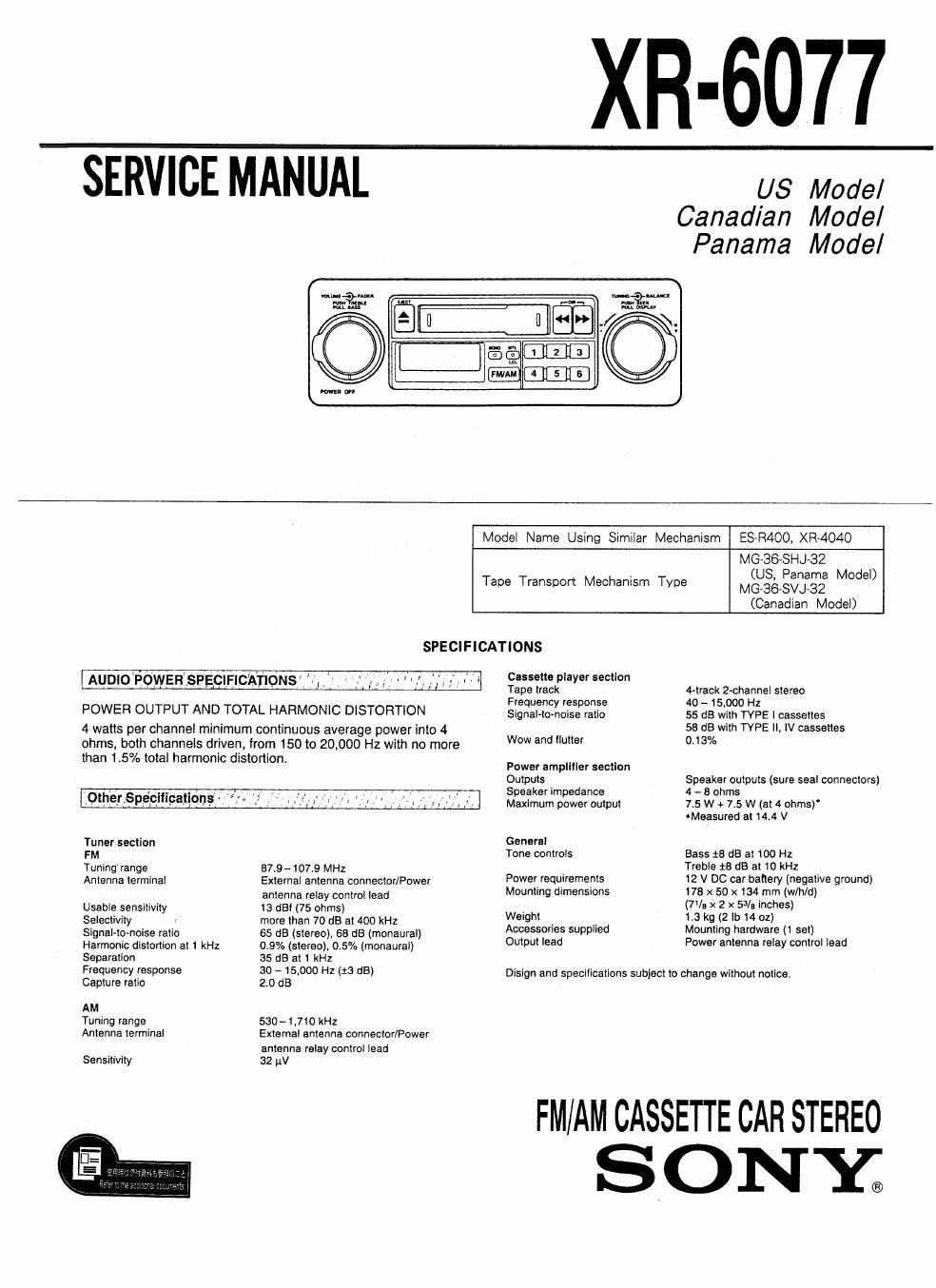 sony xr 6077 service manual