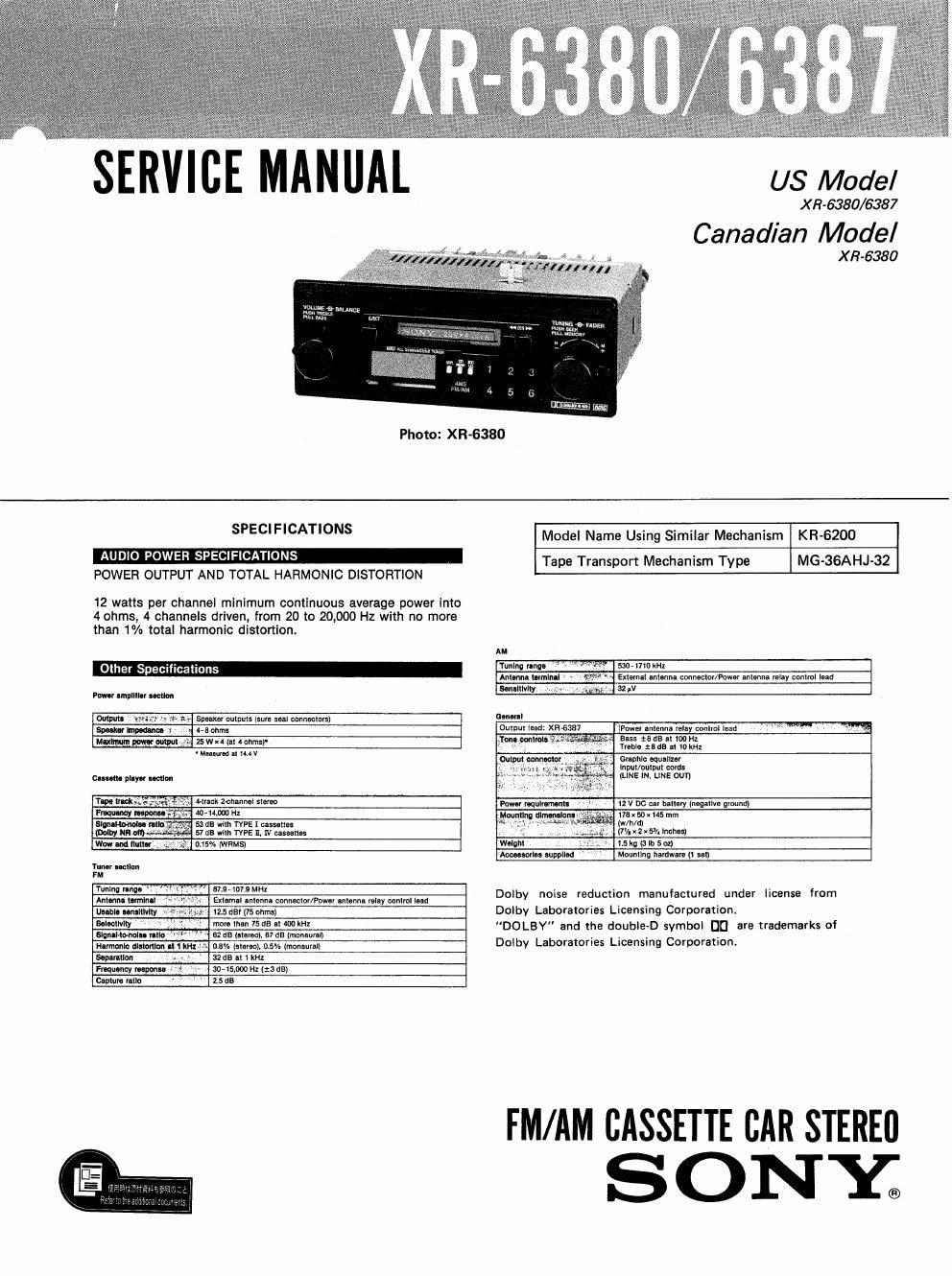 sony xr 6387 service manual