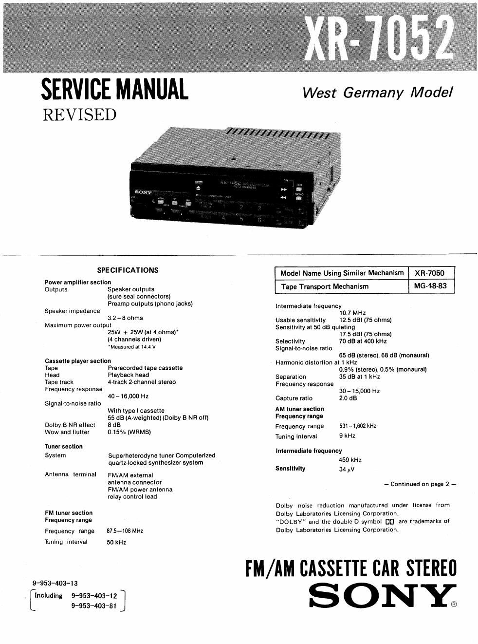 sony xr 7052 service manual